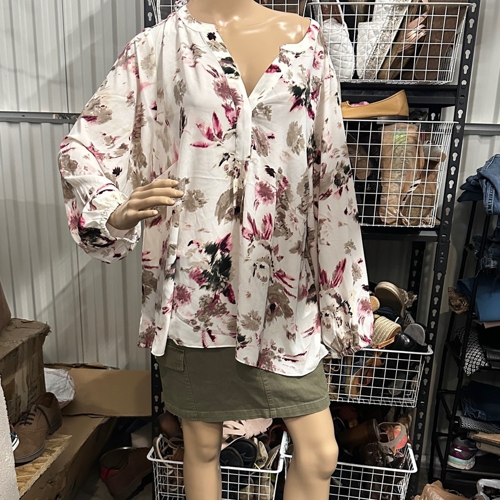 Tahari White Floral Blouse with Pink and Taupe Accents - Picture 3 of 7